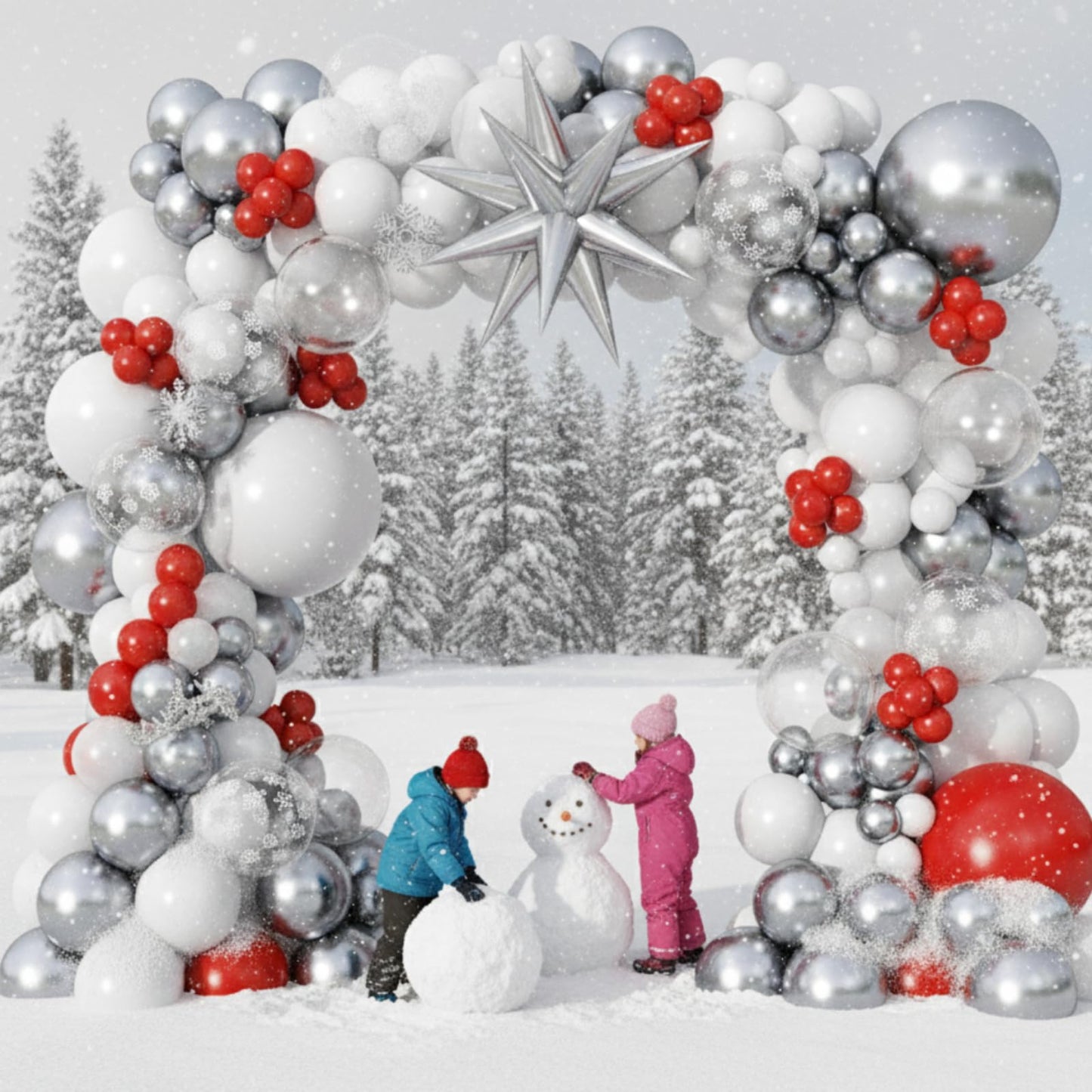 White Silver Red Balloons Arch Christmas Balloons Garland Winter Wonderland Birthday Party Decorations Snowflake Explosion Star Balloon Metallic Latex Helium Christmas Xmas New Year Baby Shower