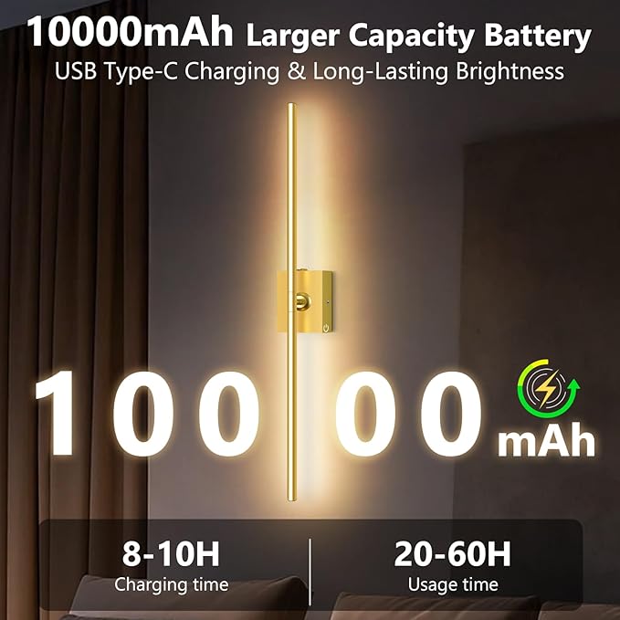 Eneru Battery Operated Wall Sconce Lights - 10000mAh Rechargeable Wireless Wall Sconces Set of Two with Touch and Remote, 360° Rotate, 4 Colors LED Wall Lamp for Living Room Bedroom Hallway (Gold)