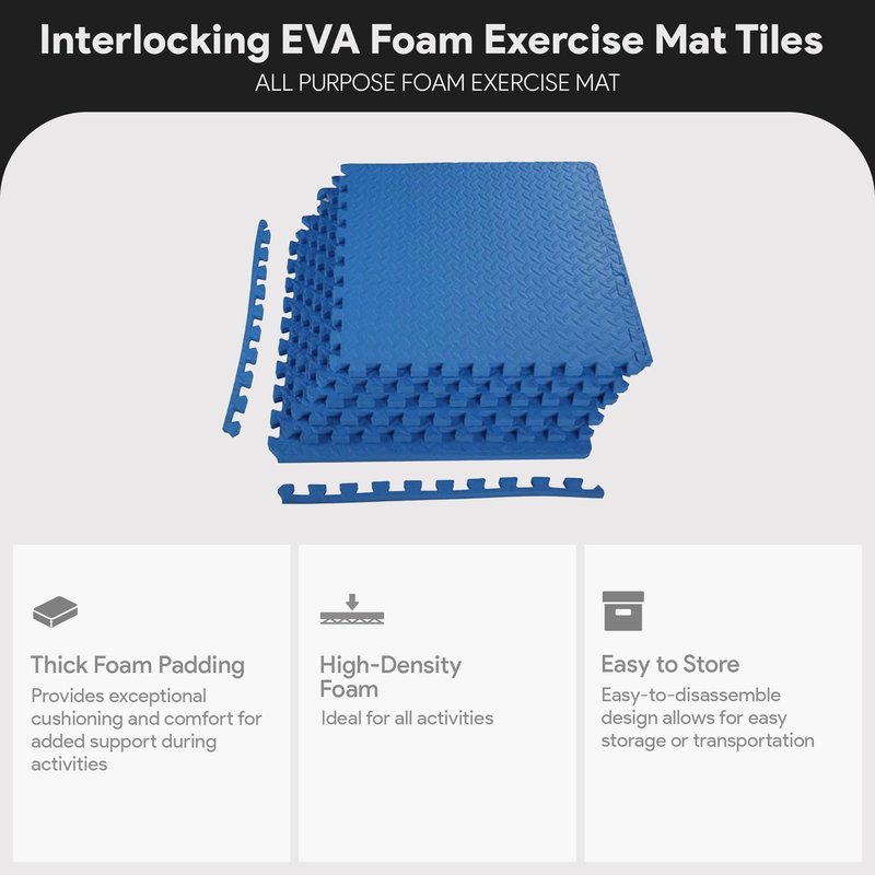 BalanceFrom Puzzle Exercise Mat 3/4" Thick, EVA Interlocking Foam Floor Tiles for Home Gym, Mat for Home Workout Equipment, Floor Padding for Kids, Blue, 24 in x 24 in x 3/4 in, 24 Sq Ft - 6 Tiles