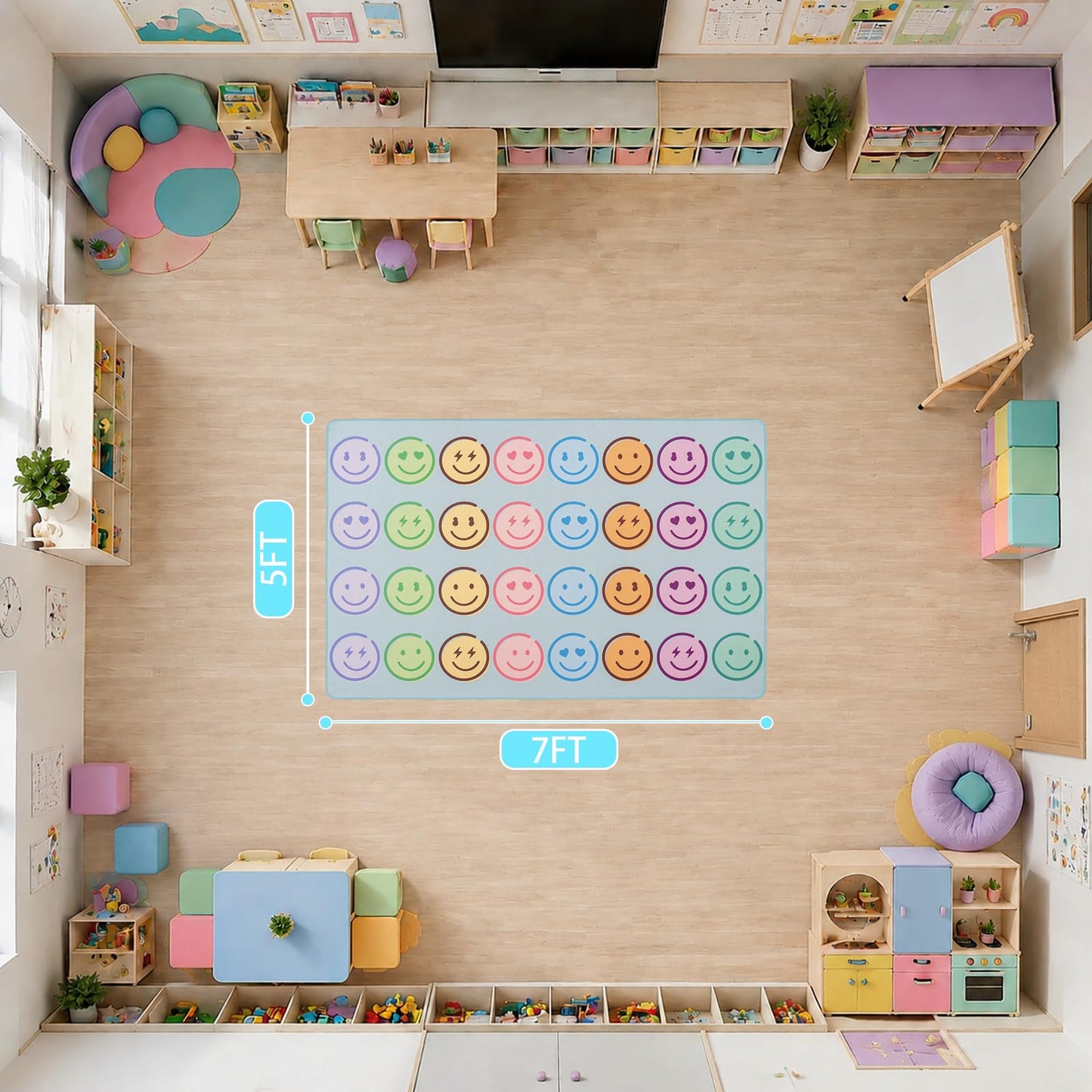 5' x 7' Classroom Rug, Carpets Schoolgirl Style Pastel Smileys Educational Area Rugs for Kids Room Seating Décor, Play Carpet for Teaching and Playroom (Smiley Face Rug, 5x7ft)
