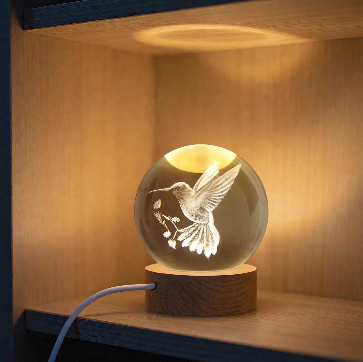 AOFEGRLT 3D Laser Engraved Bird Crystal Ball with LED Stand, 60mm Hummingbird Figurine Lamp Night Light, Glass Hummingbird Globe Paperweight Gift