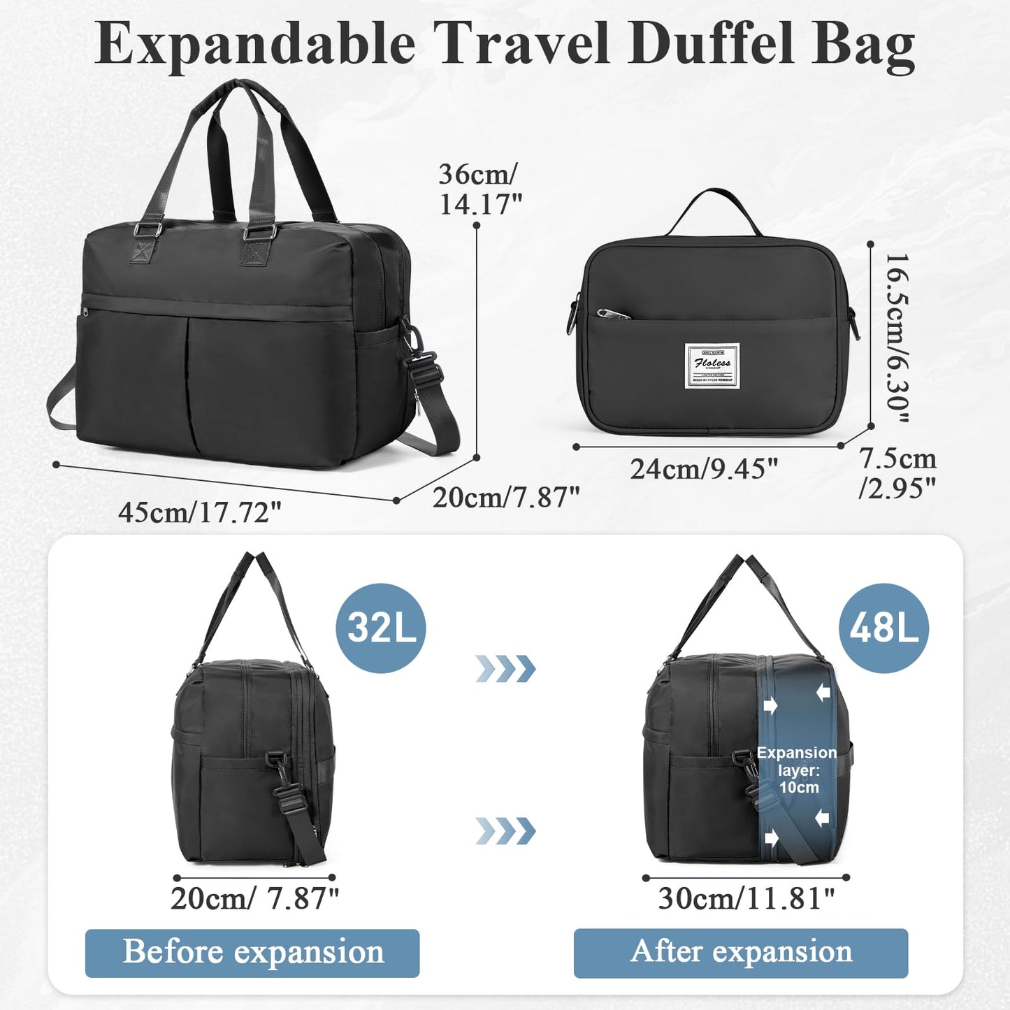 Expandable Personal Item Travel Duffle Bag Weekender Bag for Women Men, Overnight Hospital Carry On Bag with Toiletry Bag for Airplanes Travel Business Trips Sport,Black