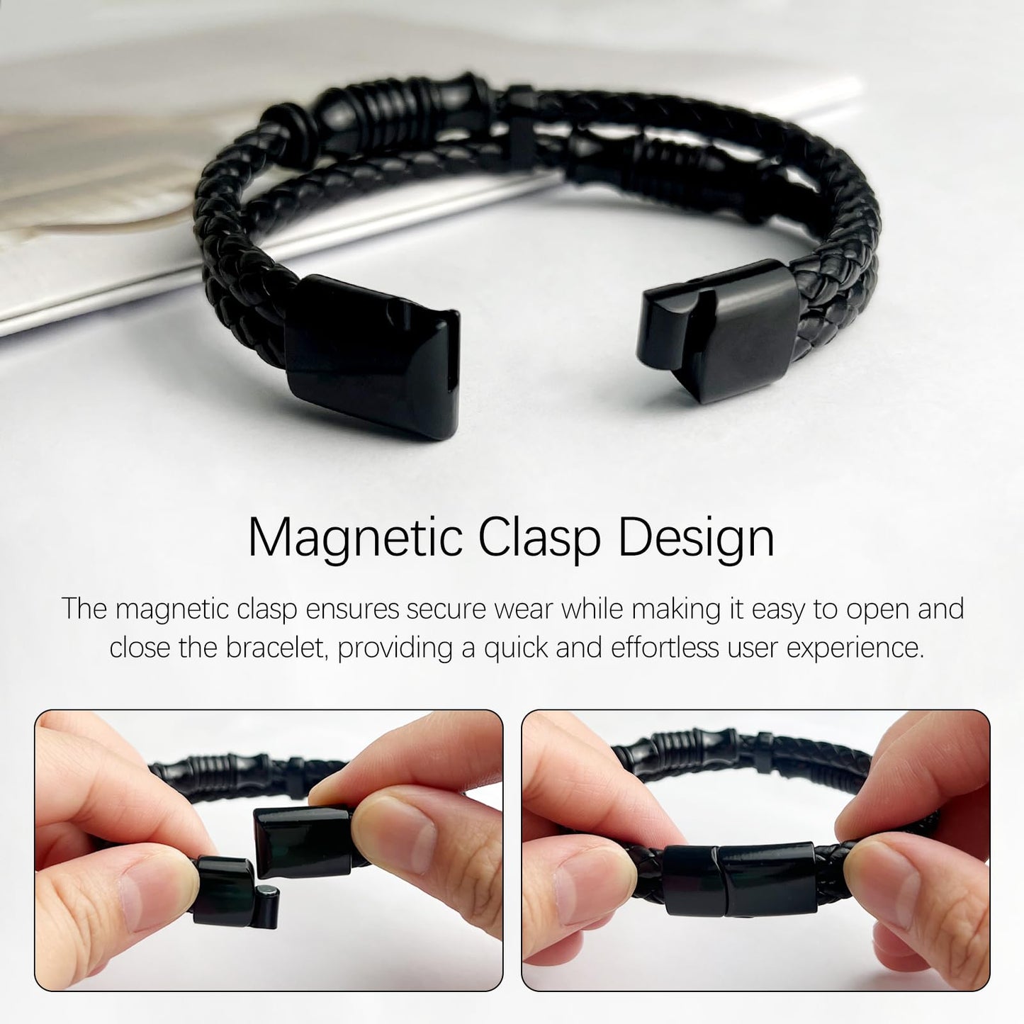 Tienyuu Men’s Double-Row Braided Leather Bracelet with Stainless Steel Ornaments – Black Leather Wristband Bangle