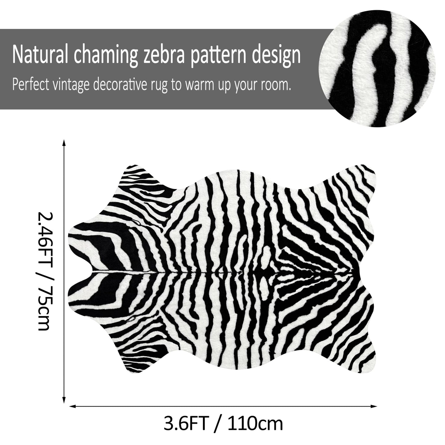 Aoczes Zebra Print Rug Small Faux Zebra Area Rug Western Home Decor Animal Carpet for Bedroom Living Room Office Table Wall Decor Mat, 3.6x2.46 Feet(75x110cm)