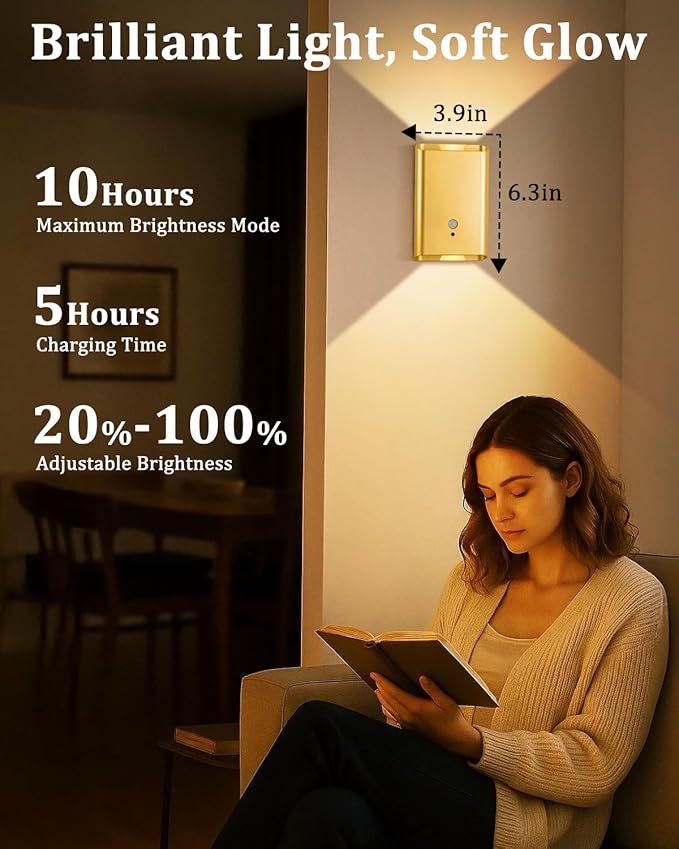 Motion Sensor Wall Lights Gold - Home Decor Light Battery Operated Wall Light Indoor Set of 2 Magnetic Wall Friendly, Decor for Hallway Stairway Dining Room Bedroom Living Room(Gold 2pcs)