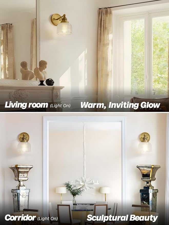 Gold Wall Sconces,Vintage Bathroom Vanity Light with Hand-Blowing Clear Glass Minimalist Brass Wall Sconce Light for Bathroom Mirror Living Room Bedroom Kitchen E26 Hardwire Indoor