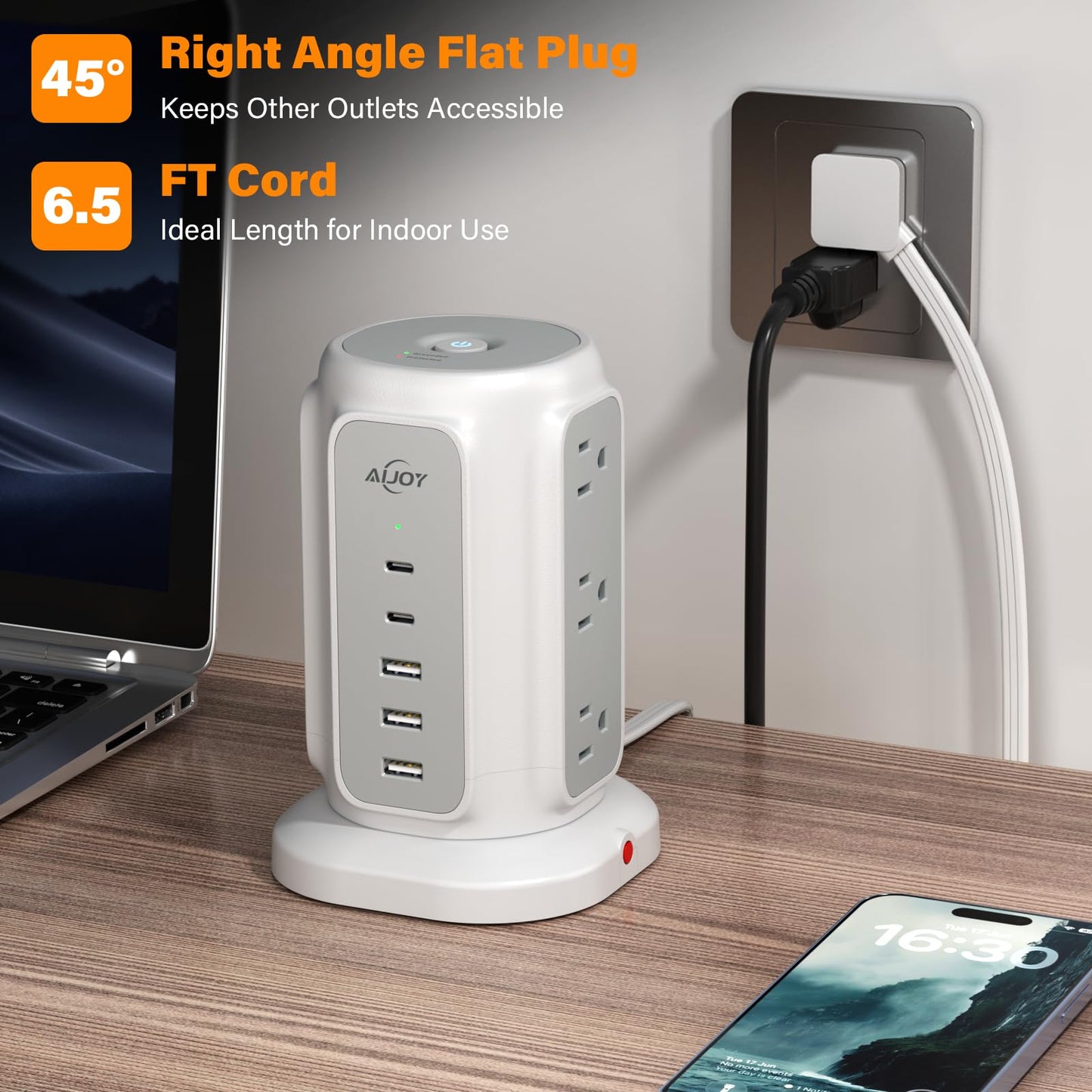 AiJoy Flat Plug Power Strip Tower 9 Outlets and 5 USB Ports (2 USB-C), 1200J Surge Protection, 6.5ft 1625W Extension Cord Charging Station for Home, Office Supplies, Dorm Essentials