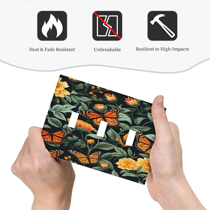 Butterflies Flower Garden Light Switch Covers 3 Gang Triple Toggle Wall Plate Decorative Switchplate Electrical Faceplate for Farmhouse Living Decor