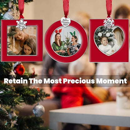 GUOER 3PCS Christmas Tree Ornaments Set Picture Frame Ornament Holiday Keepsake Gift Home Decor Christmas Decorations Xmas Gifts Pendant with 2.5” Photo Frame Insert (Red 2025)