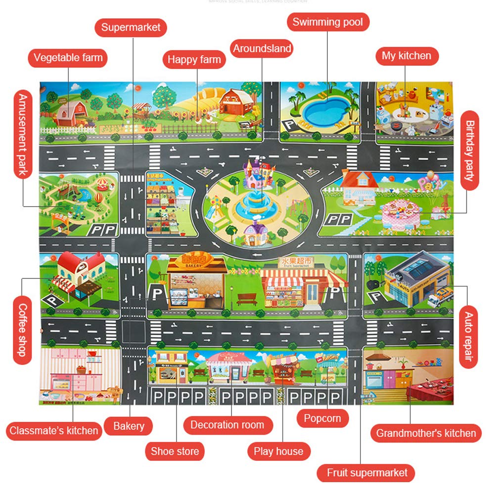 Plastic Toy Rug, Self Cleaning Oil Free Cloth,Washable for Floor Or Table,Kids Carpet PVC City Life,Educational Road Traffic Play Mat Learning Carpets for Kids