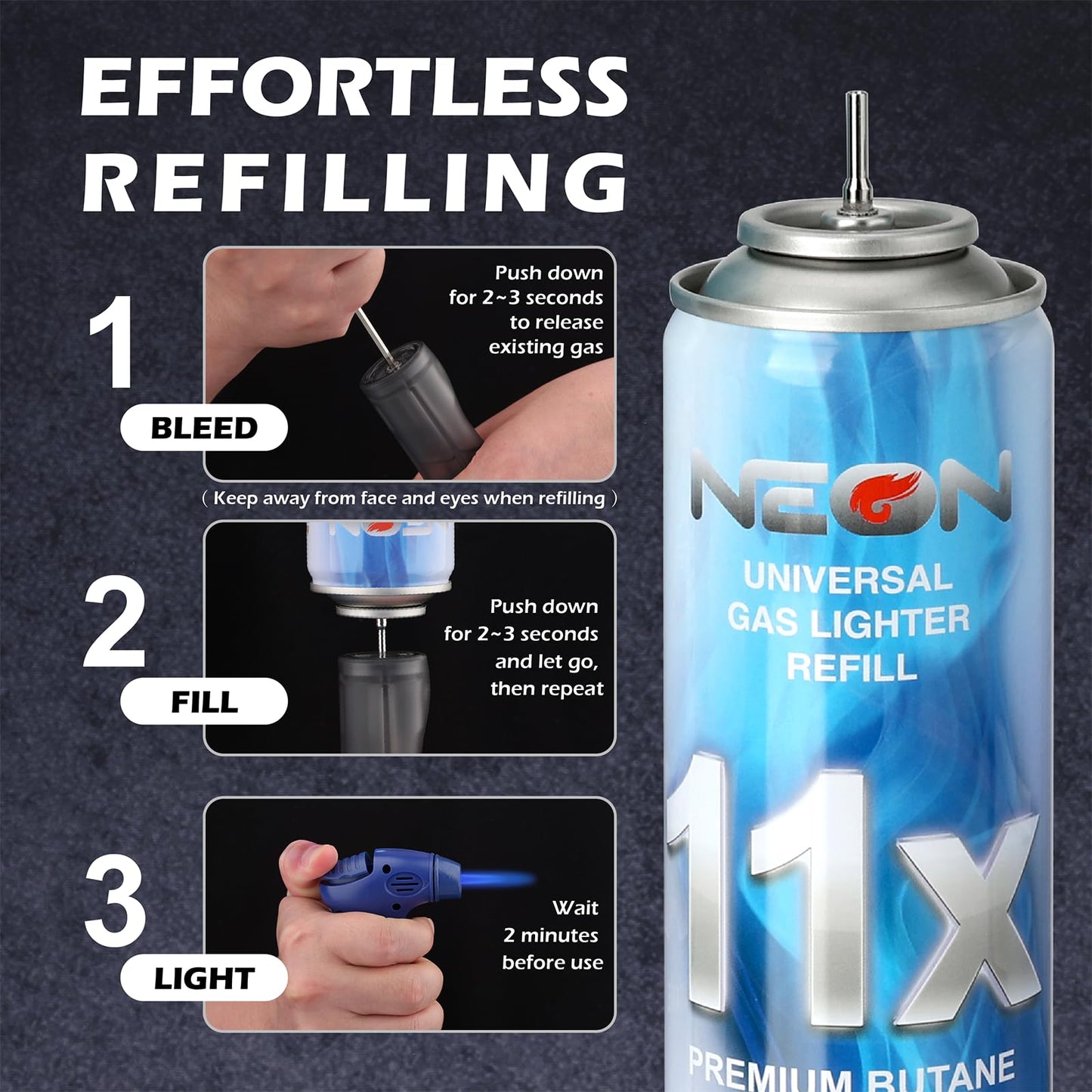 NEON Butane Refill, 11X Ultra-Refined Butane Fuel, 300ml Premium Lighter Fluid with Metal Nozzle & 5 Butane Gas Refill Adapters for Refillable Jet Flame Lighters, Torches, and Culinary Use, 12 Cans