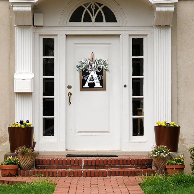 Ultra Large 14'' Last Name All Year Round Front Door Wreath with 26 Initial Letter Welcome Sign All Seasons Eucalyptus Garland and Bow Wreaths for Front Door Porch Farmhouse Decoration (A)