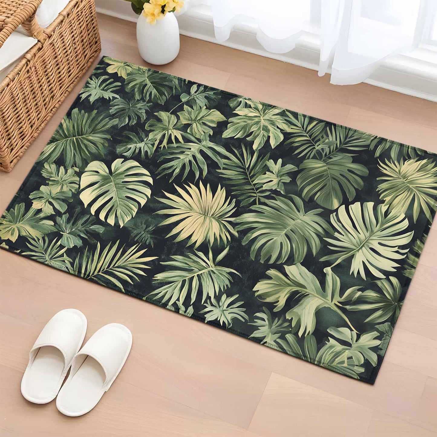 Palm Tree Leaves Entryway Rug 2x3 Area Rug Washable Indoor Doormat Small Bathroom Rugs Non-Slip Low Pile Accent Throw Rugs Summer Tropical Green Botanical Floor Carpet for Kitchen Bedroom Entrance