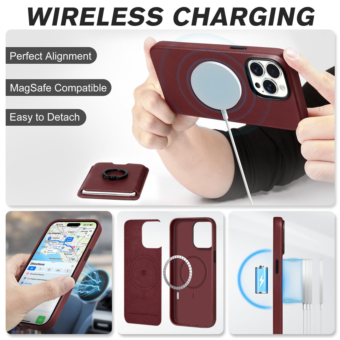 SHIELDON Genuine Leather Case for iPhone 15 Pro Max + Removable Magnetic Card Holder, Magnetic Wireless Charging Non-Slip Stand RFID Blocking Shockproof Compatible with iPhone 15 Pro Max - Wine Red
