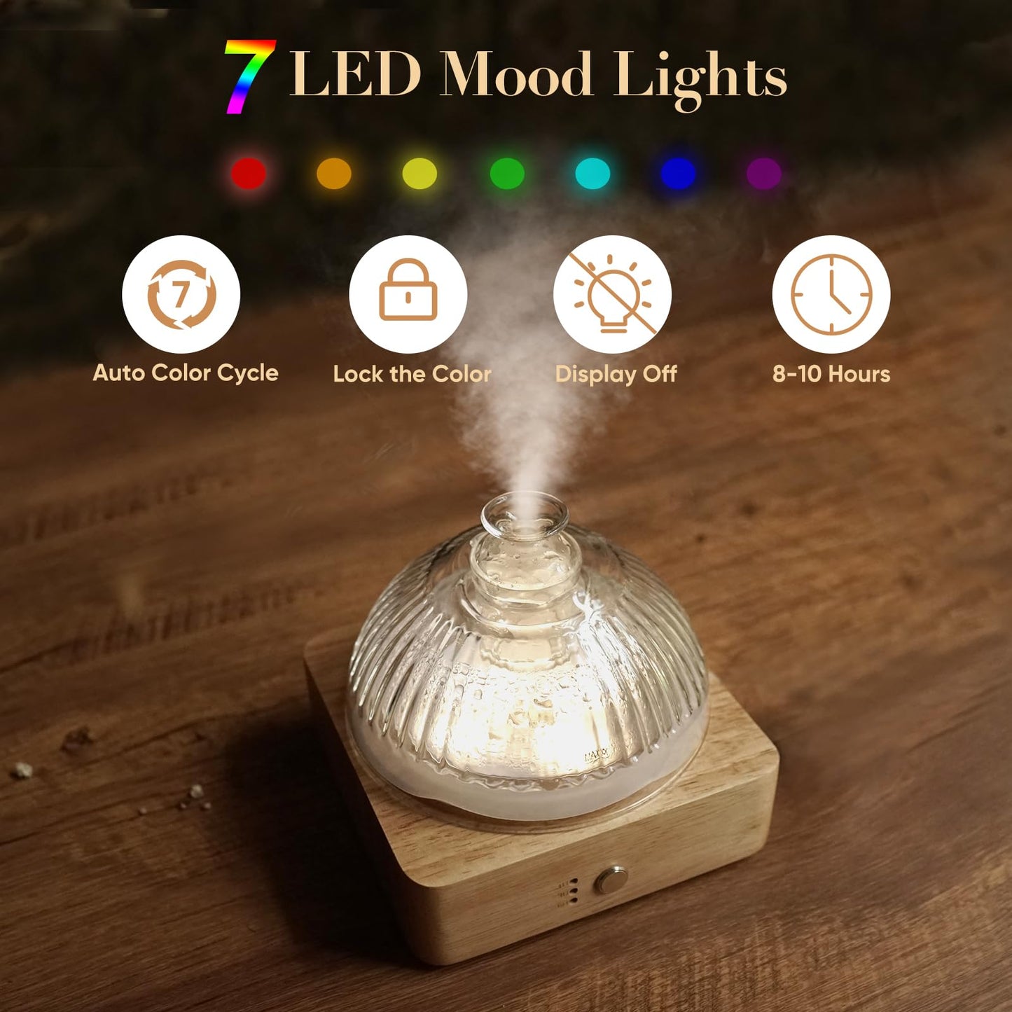 Glass Dome Essential Oil Diffuser with Glass Reservoir & Wood Base-No Plastic, 200ml Ultrasonic Diffuser for Aromatherapy with Timer 7 Color Light Auto-Off for Home Office Yoga Pilates