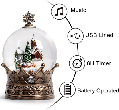 Christmas Snow Globe Lantern Water Glittering Village & Santa Crown with Music, USB Lined/Battery Operated Lighted Lantern for Christmas Festival Decoration Gifts