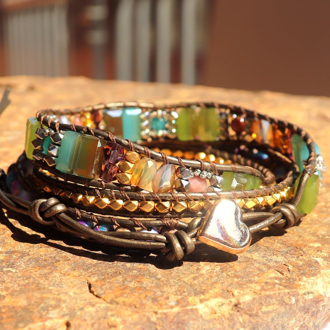 YGLINE Boho Handmade Wrap Leather Tube Crystal Stone Bracelet for Women (3 wrap-mix stone)