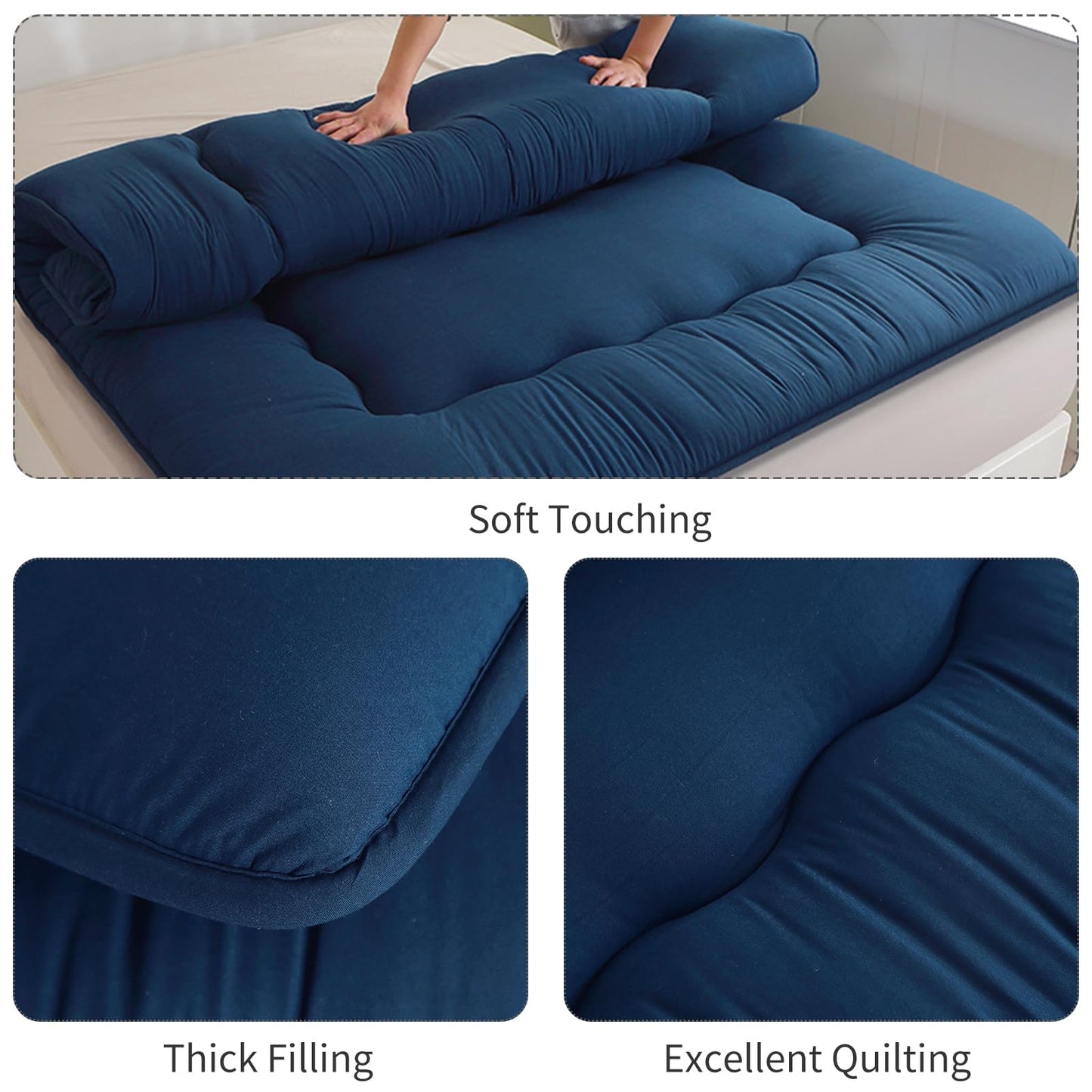 FISHDRU Futon Mattress, Japanese Floor Mattress,Japanese Floor Bed,Tatami Foldable Bed,Roll Up Sleeping Pad for Adults Guest Room Bedroom (Blue, Twin)