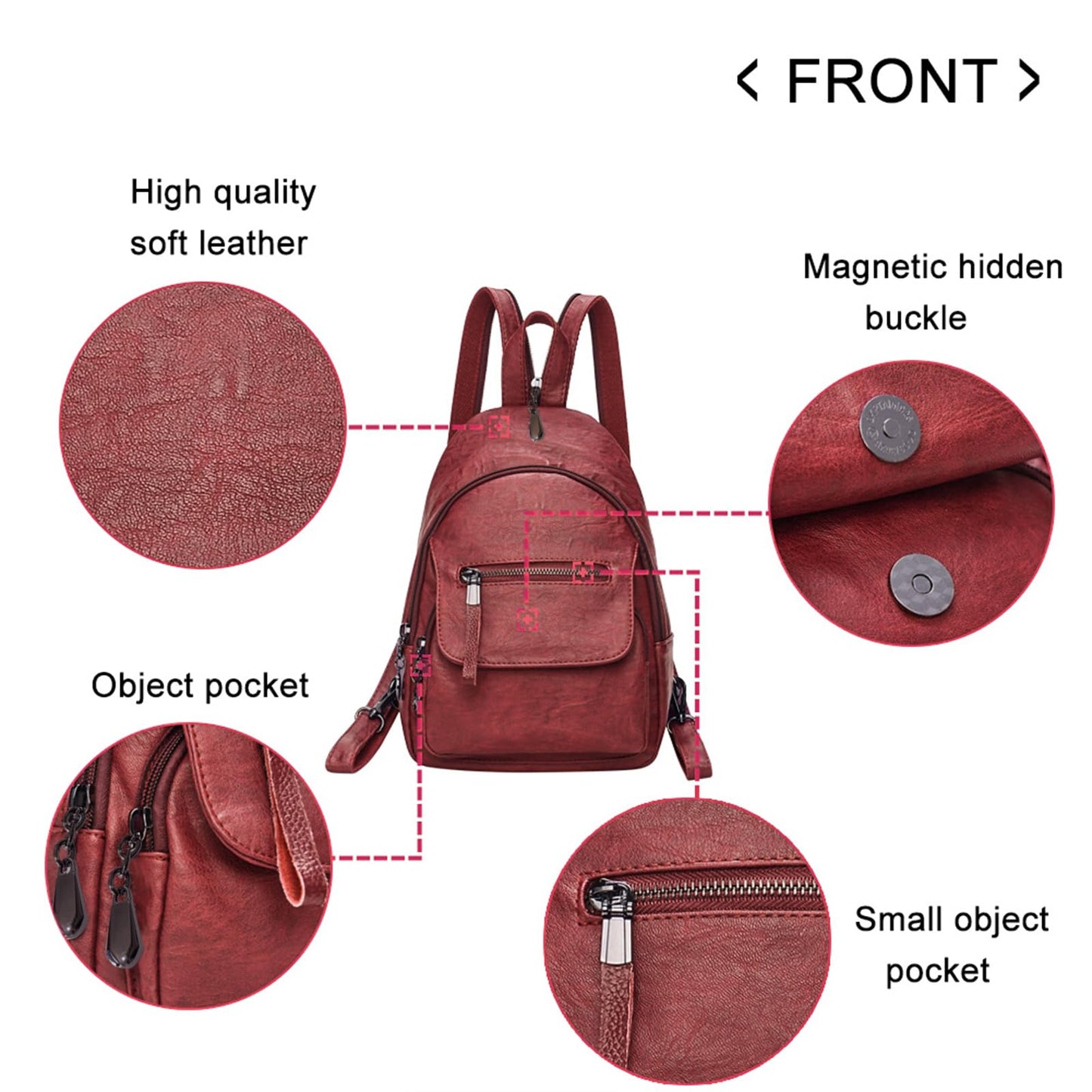 FANCELINE Small Backpack Purse for Women Fashion PU Leather Backpack Convertible Ladies Sling Bag Red Wine