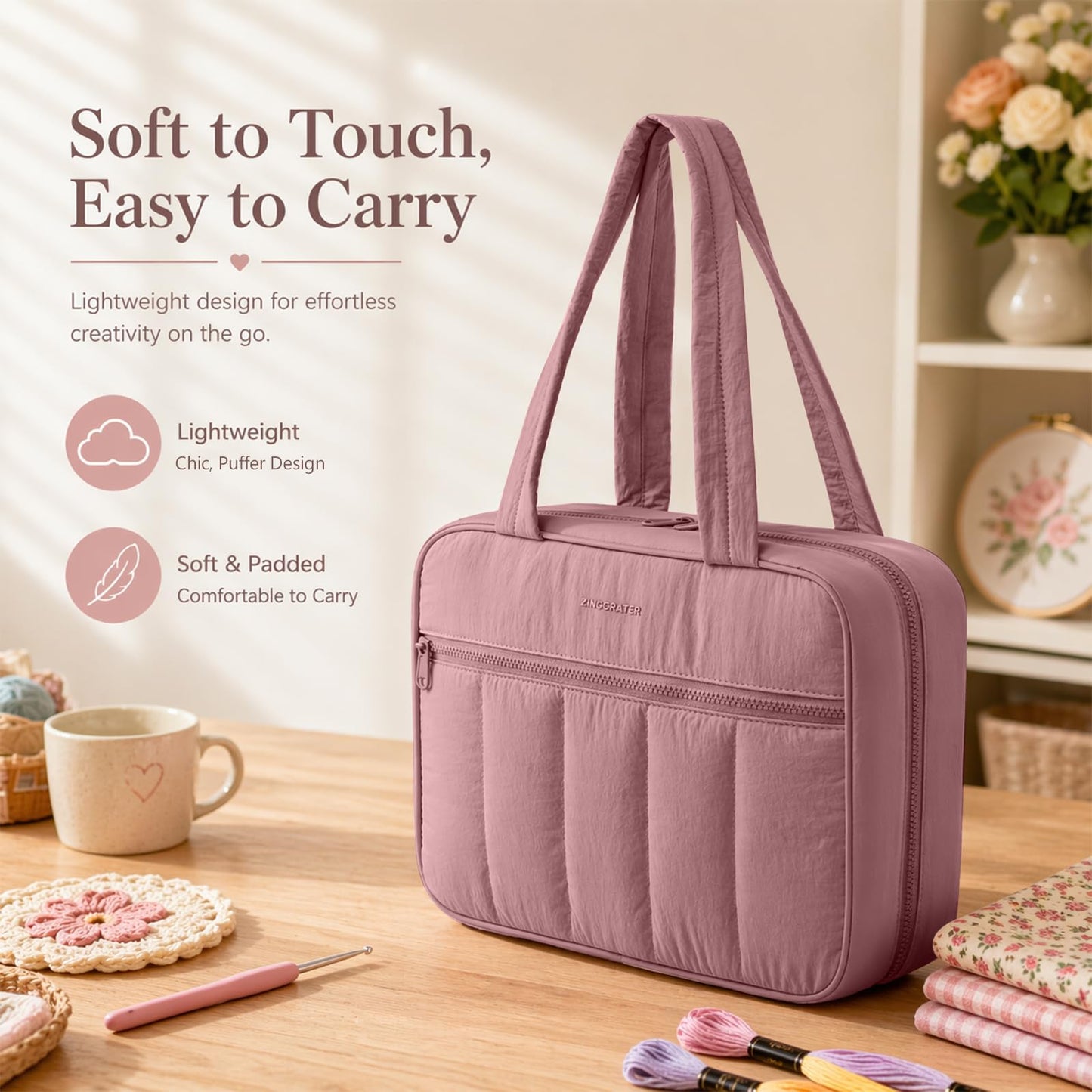 AMOIGEE Sewing Supplies Organizer Bag, Large Craft Storage Tote with 17 Clear Pockets&Tool Holders, Portable Crochet Knitting Embroidery Organizer Case for Threads, Hooks, Needles & Sewing Accessories