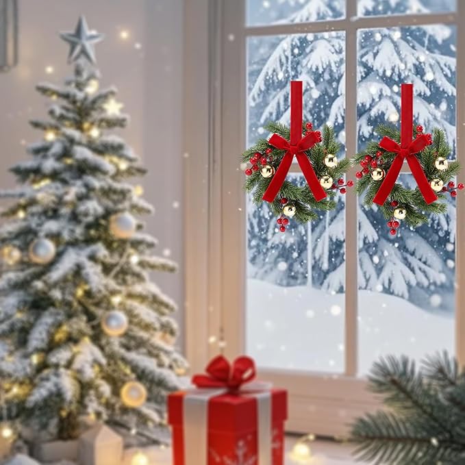 4PCS 9''Mini Wreaths for Cabinets with Ribbon Bows Red Berry Gold Ball, Small Wreath Hanging for Xmas Wall Farmhouse Window Door