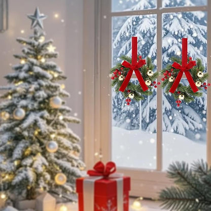 4PCS 9''Mini Wreaths for Cabinets with Ribbon Bows Red Berry Gold Ball, Small Wreath Hanging for Xmas Wall Farmhouse Window Door
