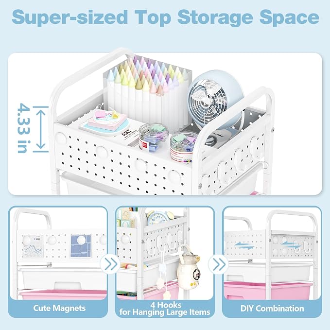 4 Drawer Rolling Storage Cart with Pegboard Top and Hooks, Mobile Organizer Cart with Wheels for Office Supplies, Craft Storage, Classroom Organization, Home Utility Cart, Pink&Blue