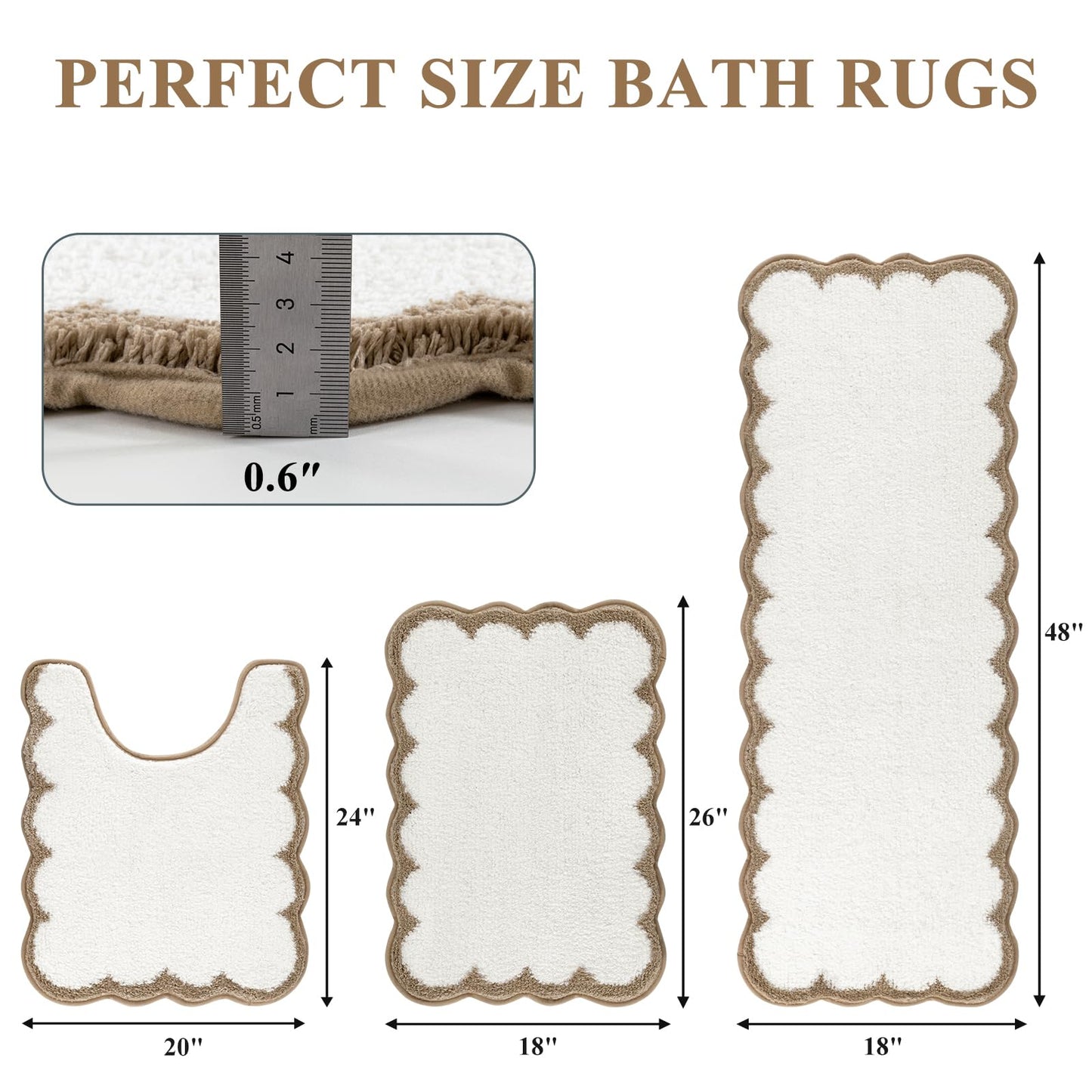 Pauwer Bathroom Rug Sets 3 Piece, Scalloped Bath Rugs, Beige and Khaki