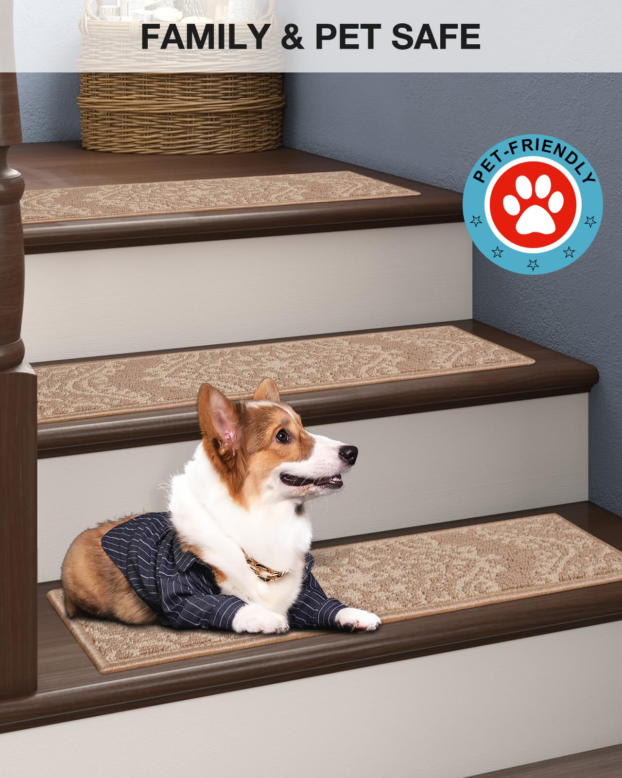 SALLOUS Soft Carpet Stair Treads for Wooden Steps, 15 Pack 8"x30" Non Slip Washable Stair Runners for Indoor Stairs, Quiet & Comfortable Peel and Stick Stair Mats for Kids, Dogs & Elderly (Yellow)