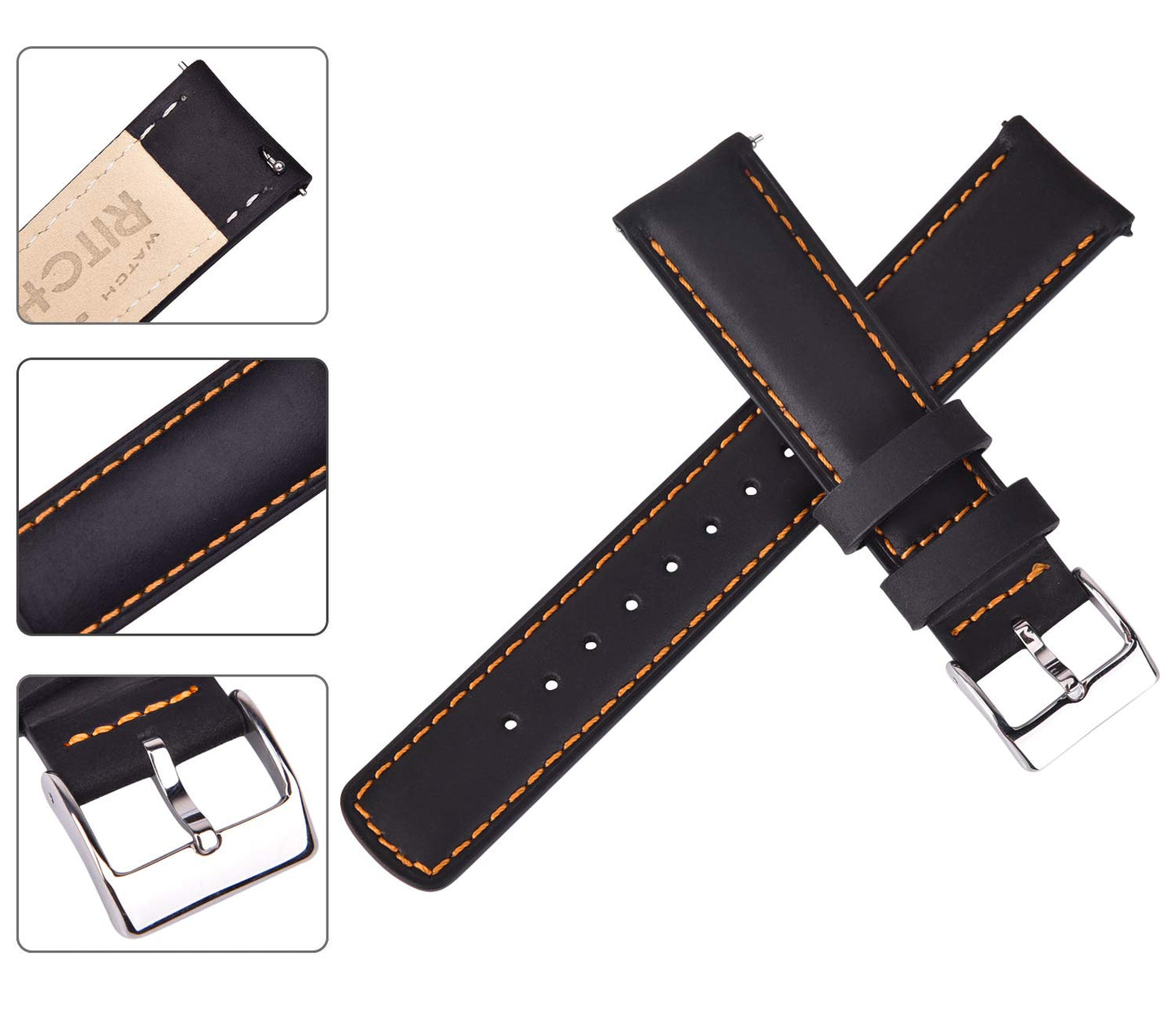 Ritche 18mm Leather Watch Band Compatible with Timex Expedition Fossil Seiko Leather Watch Bands for Men Women Black Watch Strap Blue Stitching, White Elephant Gifts, Stocking Stuffers for Men, Father's Day gifts