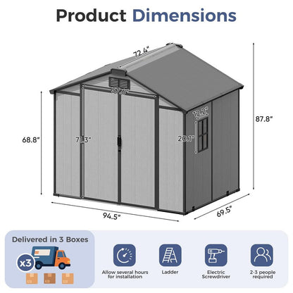 CDCASA 8x6x7 FT Resin Shed with Floor Included, Steel‑Reinforced Large Waterproof Outdoor Storage Sheds with Base & Lockable Door & Window & Vents, Outside Plastic Tool for Outside Patio Backyard