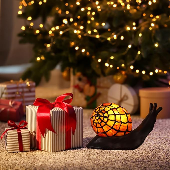 Tiffany Style Red-Brown Snail Accent Table Lamp Handmade Stained Glass Shade Night Light for Kids with 3 Color Temperatures LED Bulb Ideal Gift for Home Decor (8" D x 5" W x 5" H)
