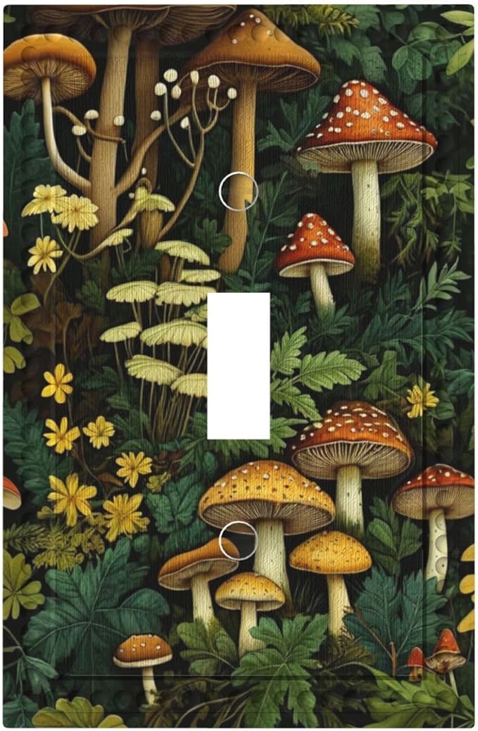 Mushrooms Forest Nature Botanical Art Light Switch Covers 1 Gang Single Toggle Wall Plate Decorative Switchcover Electrical Switchplate for Farmhouse Living Decor