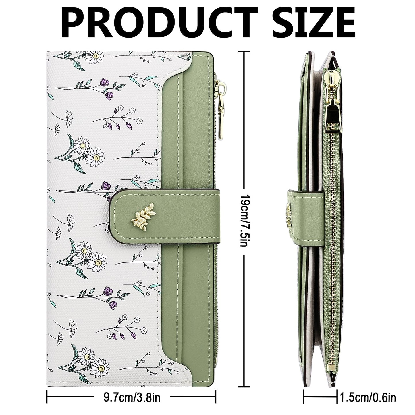 Farcauo Wallet Women Slim Wallets for Women with RFID Blocking Cute Thin Green Women's Wallet Kawaii Flower Womens Ladies Card Holder Wallets
