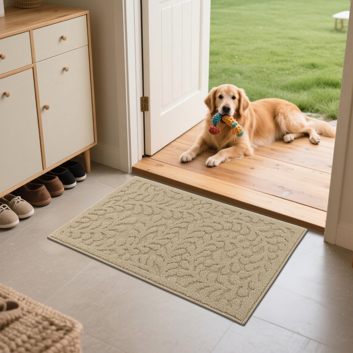 SHACOS Kitchen Rugs Sets of 3 Non Slip Washable Polypropylene Low Pile Absorbent Resist Dirt Kitchen Floor Mat 3 Piece for Entryway, Hallway, Front of Sink (17"x30"+17"x47"+17"x59", Leaves Beige)
