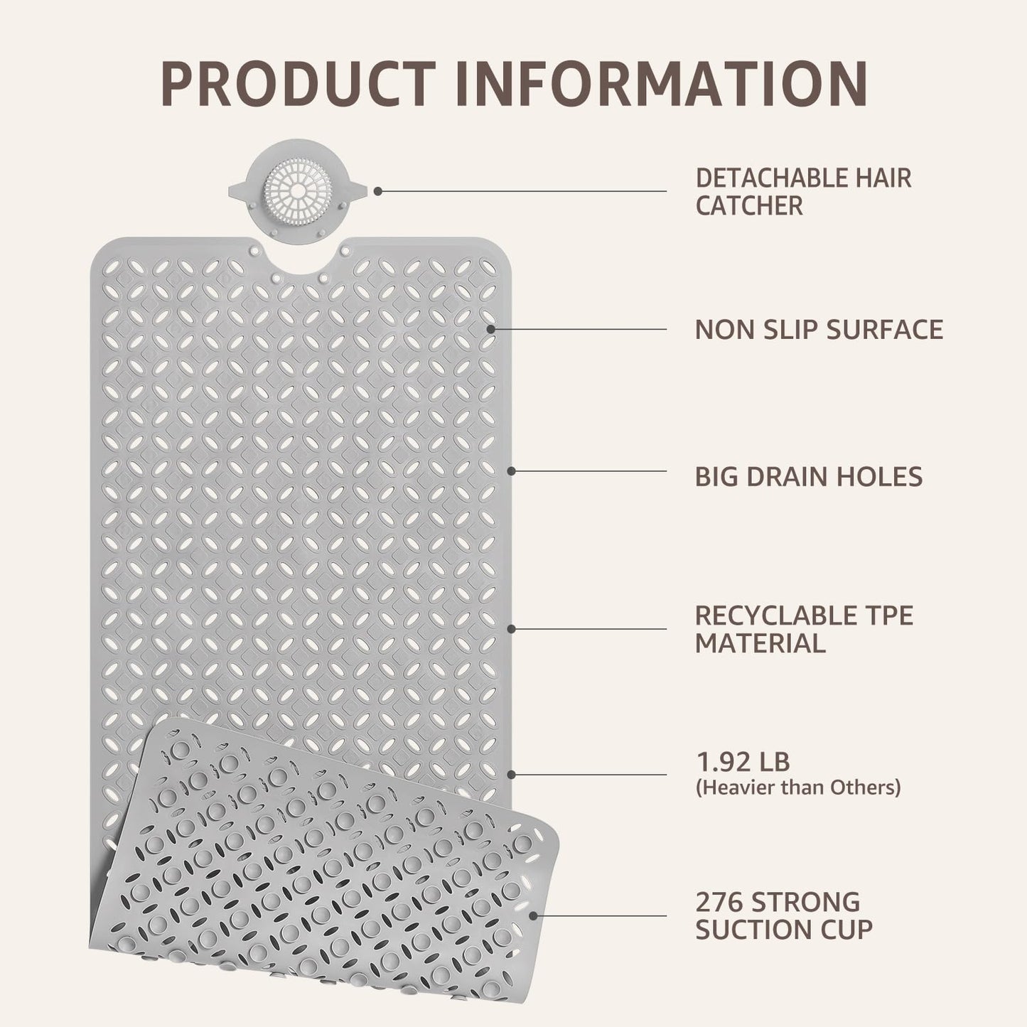 OTHWAY Bath Mat for Tub Non Slip: 39" X 17" Long Bathtub Mat with Hair Catcher│Big Drain Holes Shower Mats for Inside Shower│Machine Washable (Grey)