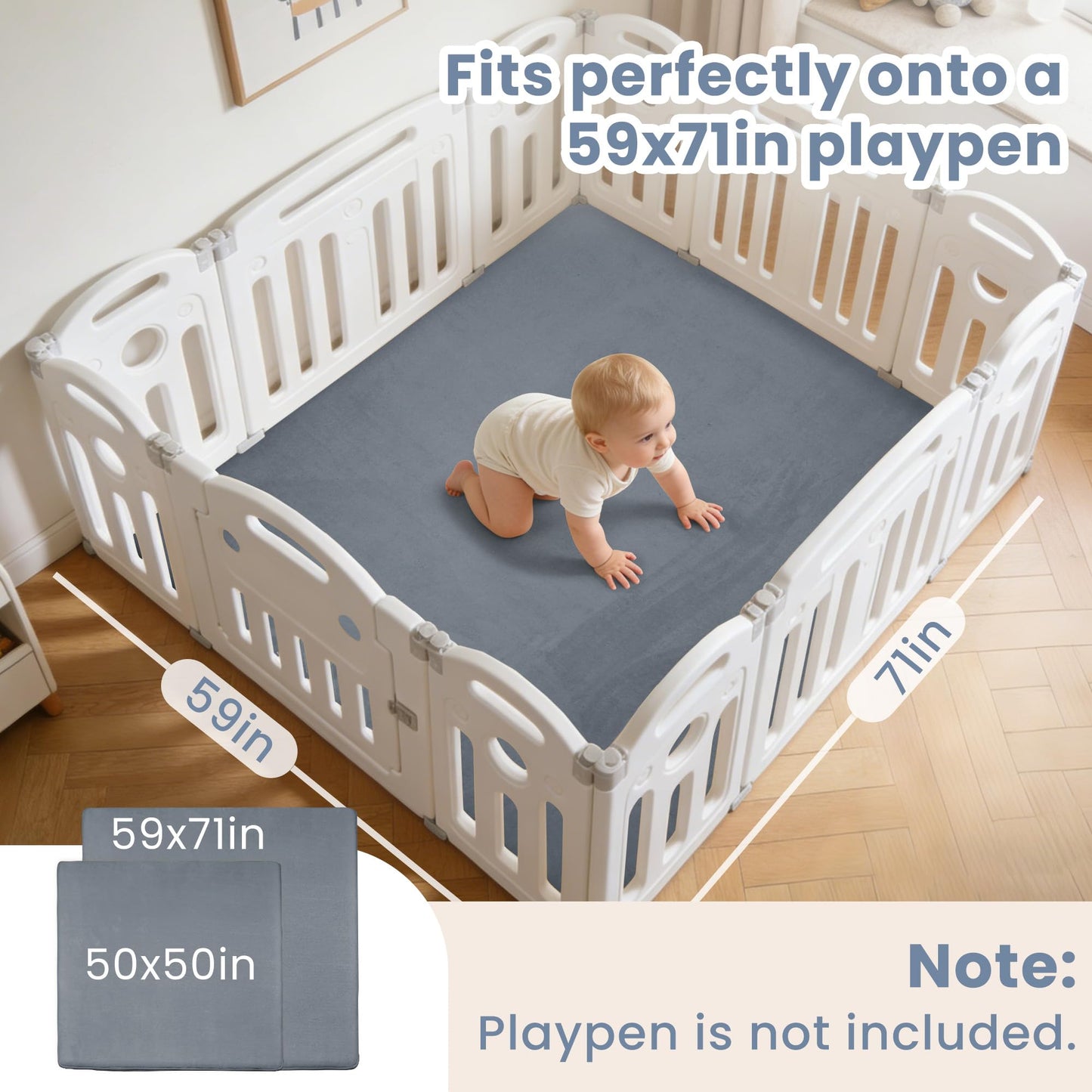 ACOMOPACK 1.3" Thick Baby Play Mat for Floor 59x71-Large Water-Repellent&Non-Slip Memory Foam Mat for Kids,Toddlers,Soft Velvet Nursery Rug for Tummy Time&Crawling,Yoga,Tatami Style(Grey)