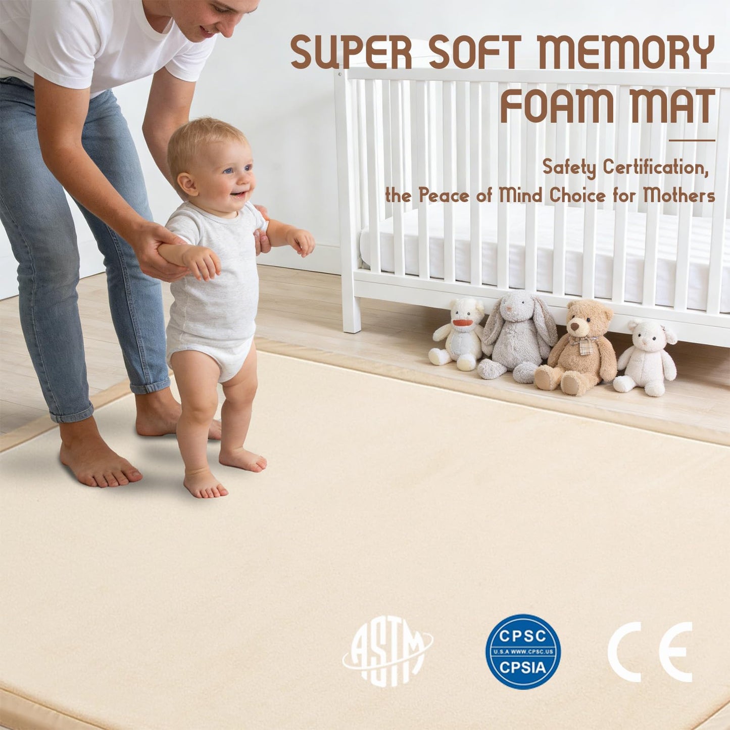 TreeBud Baby Play Mat for Floor, 1.3 Inch Thick Memory Foam Tummy Time Mat with Non Slip Backing, Soft Coral Velvet 50×50 Inch Playpen Mat Crawling Tatami for Infants Toddlers Kids, Beige