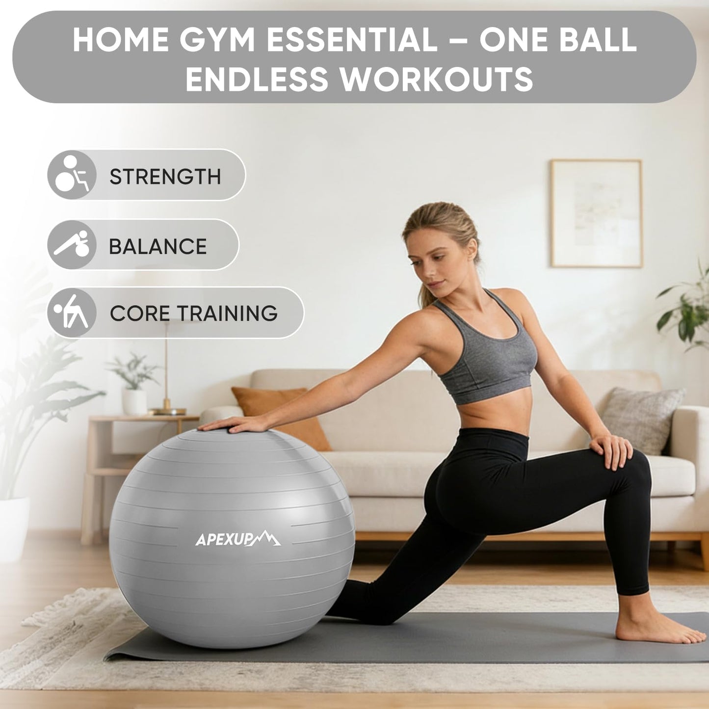 APEXUP Yoga Ball, 660 lbs Anti-Burst Exercise Ball with Pump, 5 Sizes (XL (27"~30") 75cm, Silver)