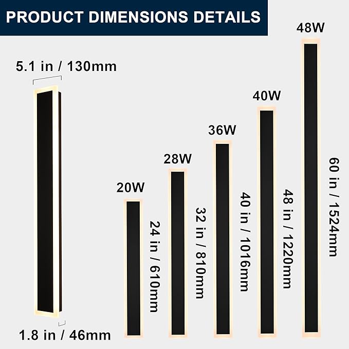 MELUCEE 2PCS 32in LED Long Wall Light Outdoor Wall Mounted Lighting Fixture 5.1in Wide Long Strip Wall Lamps IP65 Waterproof Suitable for Courtyard Exterior Wall Patio Garage, 3000K-6000K