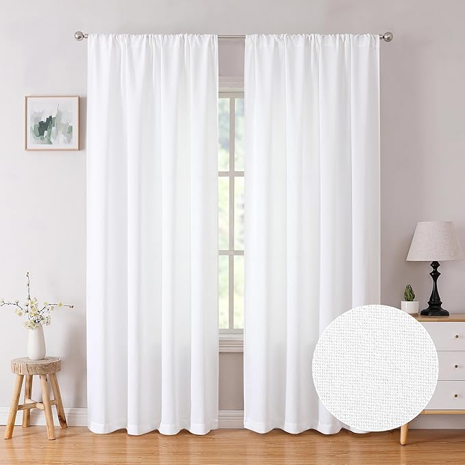 Tollpiz Linen Curtain Living Room Rod Pocket Semi Sheer Curtains Burlap Light Filtering Thick Linen Drape for Bedroom, 54 x 72 inches Long, White, Set of 2 Panels