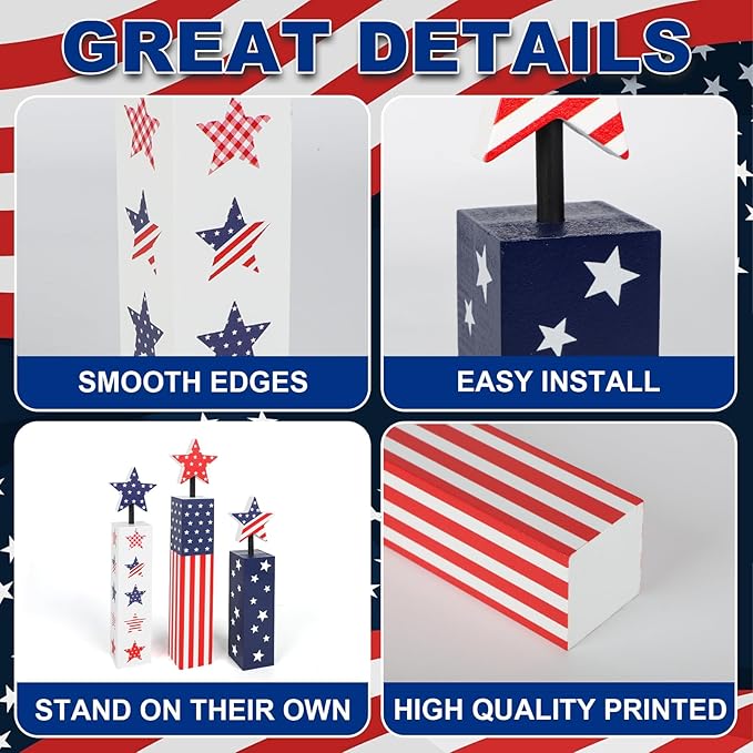 COCHIE 4th of July Decorations Set, Red White Blue Decor, Wooden Patriotic Memorial Day Tiered Tray Decor, Labor Day Decorations, Fourth of July Decoration for Home Office Table (Flag Cute)