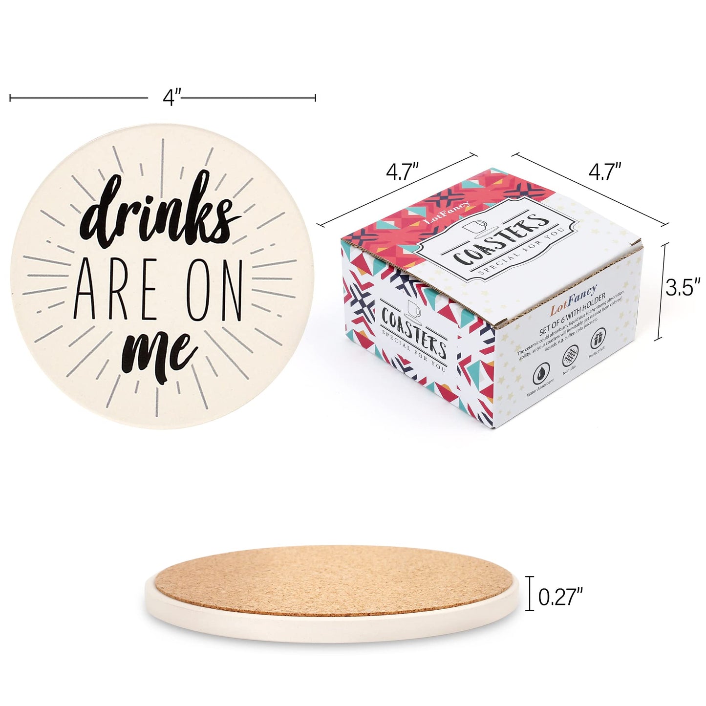 LotFancy 6PCS Ceramic Coasters with Cork Base, Round Coasters with 6 Humorous Sayings, Non-Slip, Bar Room Decor, Housewarming Gift