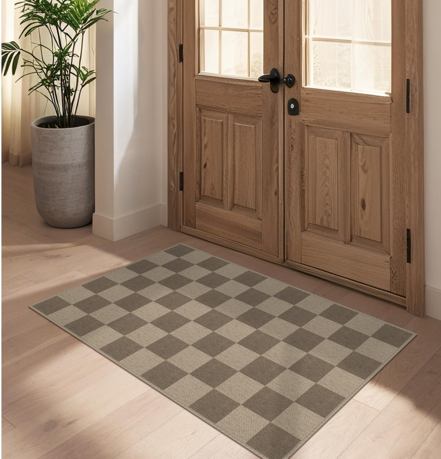 Rugalia Easy Jute Checkered Entryway Rug, 2.6x4 Brown Modern Indoor Outdoor Doormat, Washable Non-Slip Neutral Kitchen Rug Farmhouse Checkerboard Throw Rugs for Entrance Bedroom Bathroom