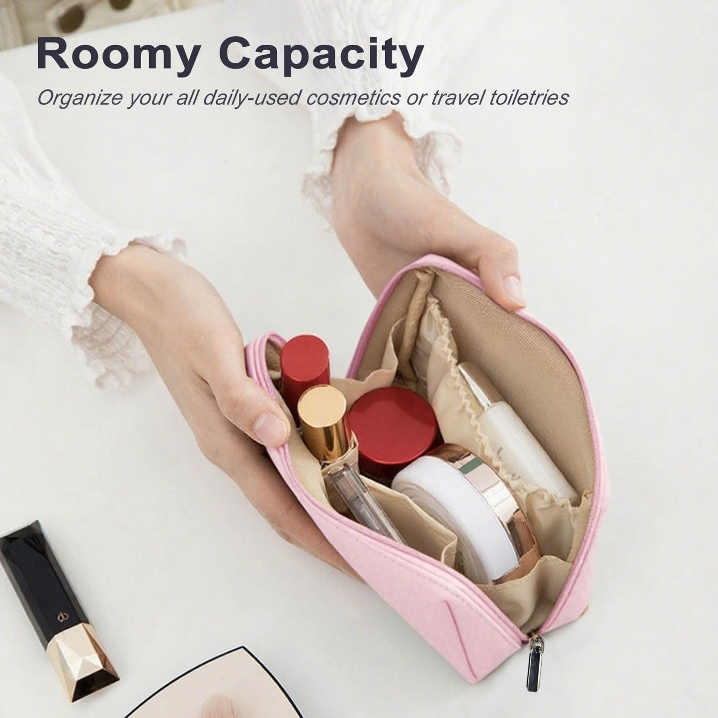 VOFOON Travel Makeup Bag, Small Cosmetic Bag for Women, Wide-open Make up Organizer Purse Toiletry Bag for Cosmetics Toiletries Accessories (Pink, S)