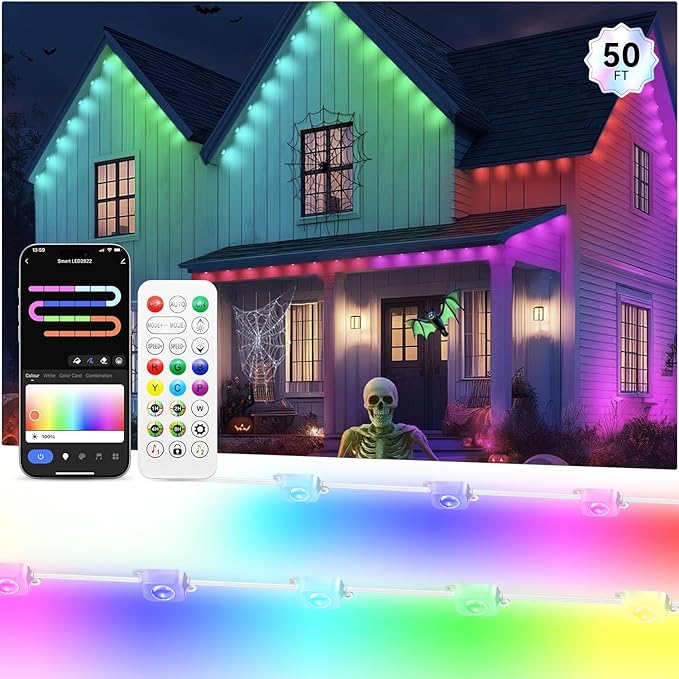 Permanent Outdoor Lights Pro, Smart LED Christmas Eaves Light 50ft with 25 IC+RGBCW LED Lights for House, IP67 Waterproof, for Halloween Xmas Decor, APP/Remote Control