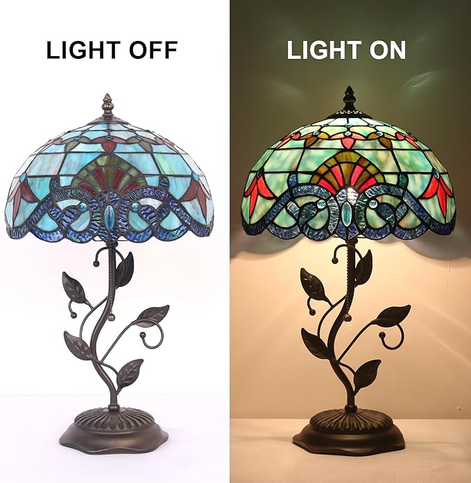 Tiffany Style Table Lamp Handmade Stained Glass Bedside Lamp 12x12x20 inch Metal Leaf Base,Art Glass Lamp for Living Room, Bedroom, Office Decor(Baroque)