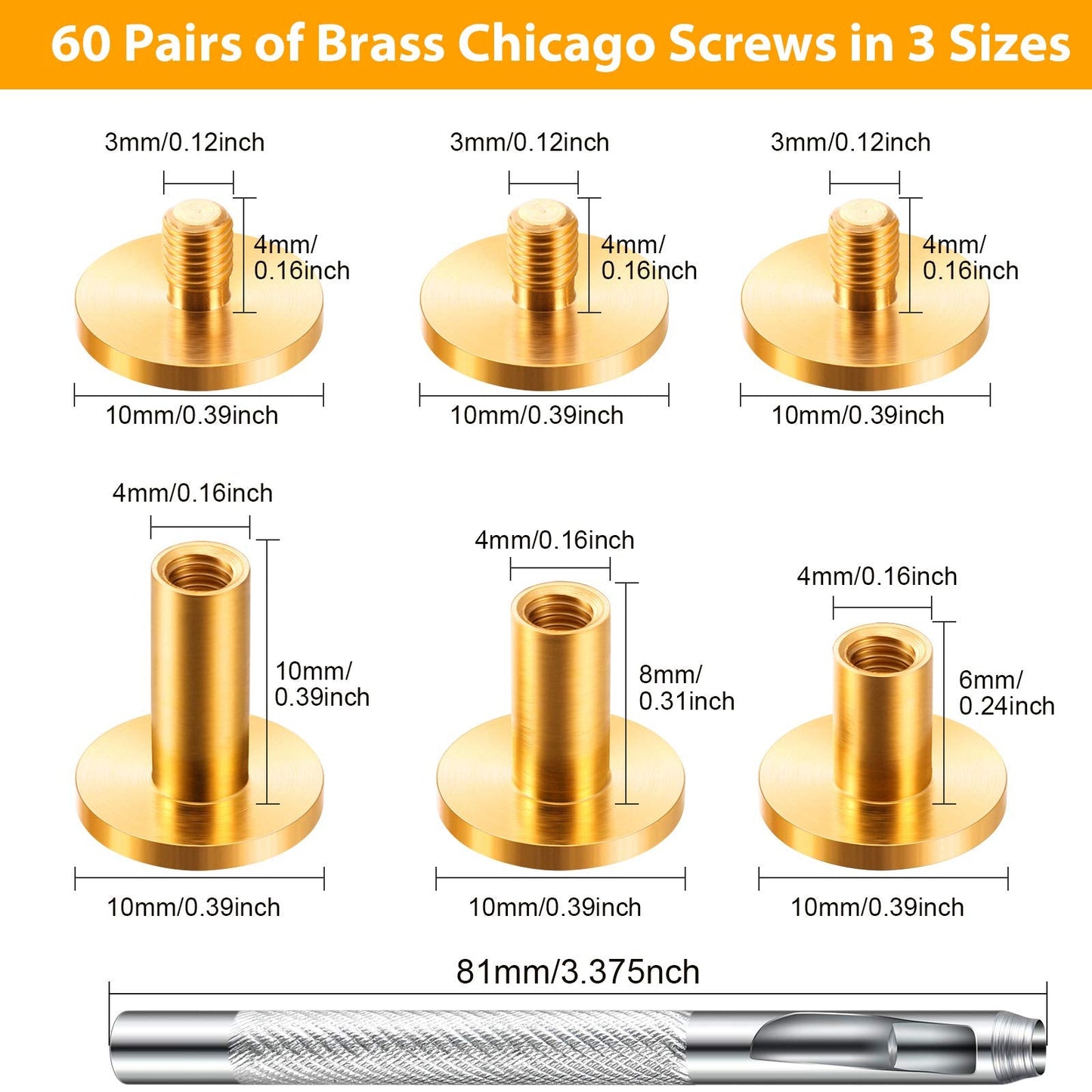 Hotop 60 Pairs Gold Chicago Screws Brass Chicago Screws Solid Rivets for Belts Binding Stud Tools Leather Fasteners Rivets Belt Strap with Hole Punch Tool for DIY Jean(Gold,Mixed Size)