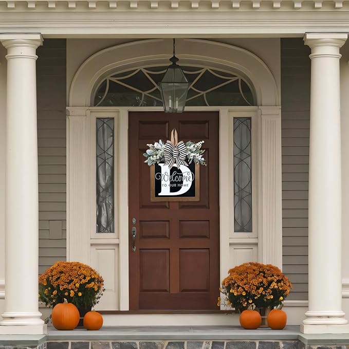Ultra Large 14'' Last Name All Year Round Front Door Wreath with 26 Initial Letter Welcome Sign All Seasons Eucalyptus Garland and Bow Wreaths for Front Door Porch Farmhouse Decoration (D)