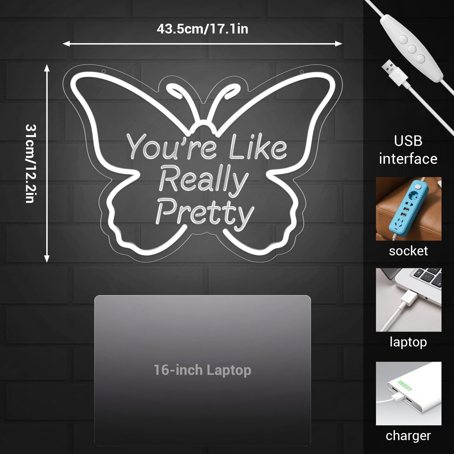 LMHSE You're Like Really Pretty Neon Sign, LED Neon Signs for Wall Decor Dimmable Aesthetic Butterfly Room Decor for Teen Girl, Bedroom, Wedding Decor, Gift for Birthday, Christmas (White)